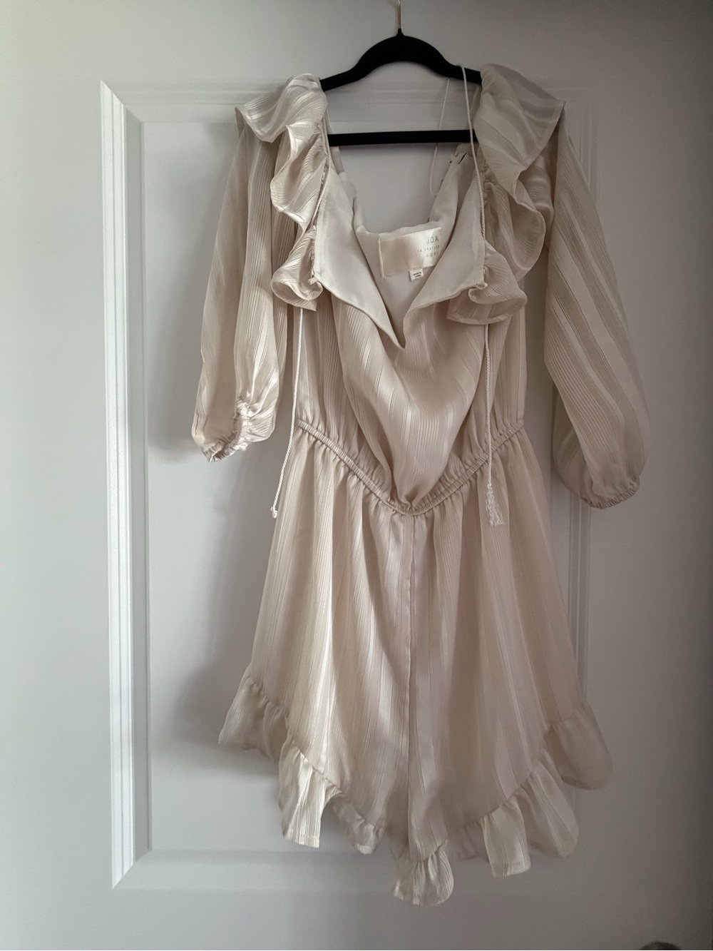 J.O.A. Cream Long Sleeve Ruffle V-Neck Dress